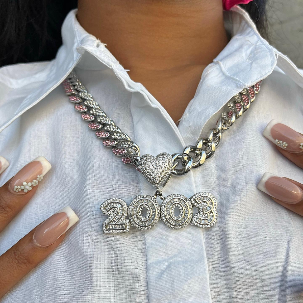 Iced Out Cuban Chain Baguette Numbers with Heart Birth Year Number Necklace
