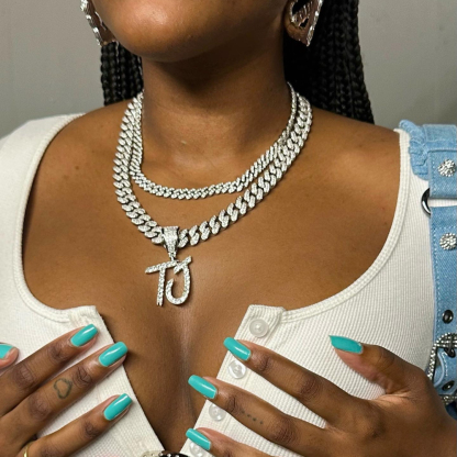 Cuban Chain Iced Out Custom Double Row Zircon 2 to 6 Letters Pendant Initial Necklace