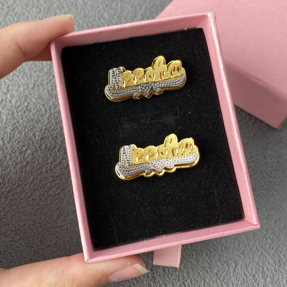 Double Plate Two Tone With Heart Personalized Custom Name Stud Earrings