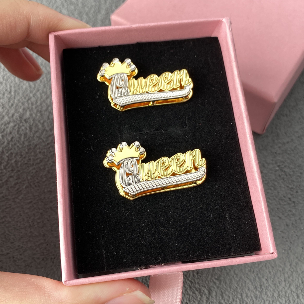 Double Plate Two Tone with Crown Nameplate Personalized Custom Name Stud Earrings