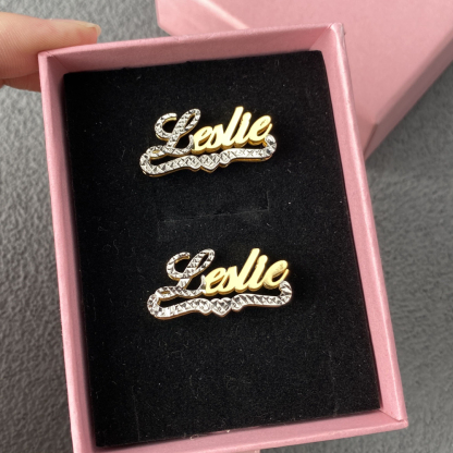 Two Tone Double Layer Personalized Custom Heart Stud Name Earrings