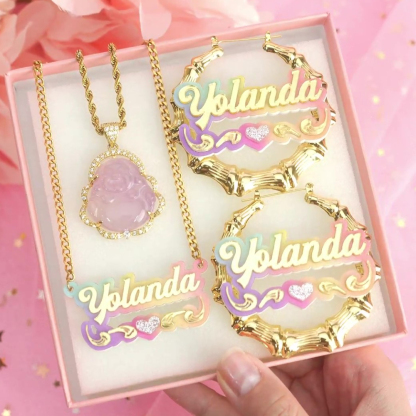Pink Buddha Necklace Colorful Acrylic Heart Name Necklace and Bamboo Earrings Set 3pcs