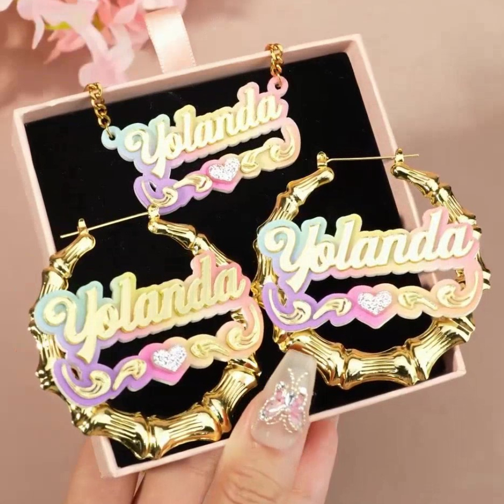 Personalized Colorful Acrylic Jewelry Set Custom Name Necklace Bamboo Earrings Set