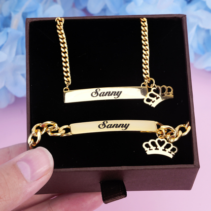 Gold Plated Personalized Custom Engraved Bar Nameplate with Crown Pendant Necklace and Bracelet Set