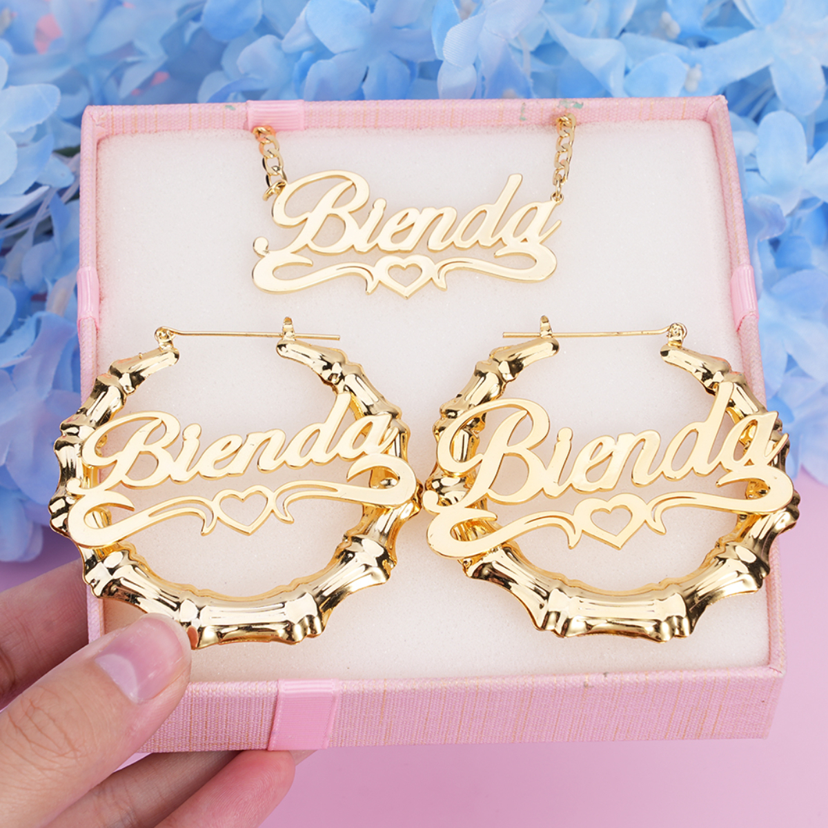 Personalized Double Plated Hollow Heart Name Necklace Bamboo Earrings Set