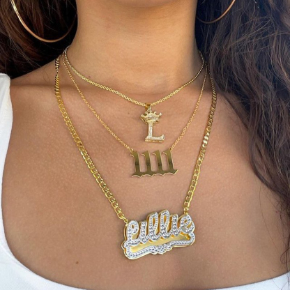 Double Layer Name Necklace with Heart and Initial Necklace with Crown Personalized Jewelry Set