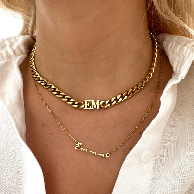 Personalized Two Initial Choker Necklace with Cuban Chain
