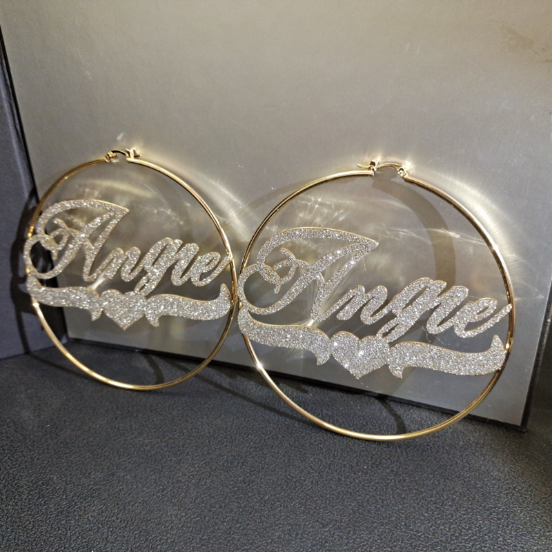 Bling Bling Hoop Earrings with Heart Personalized Gold Plated Name Earrings