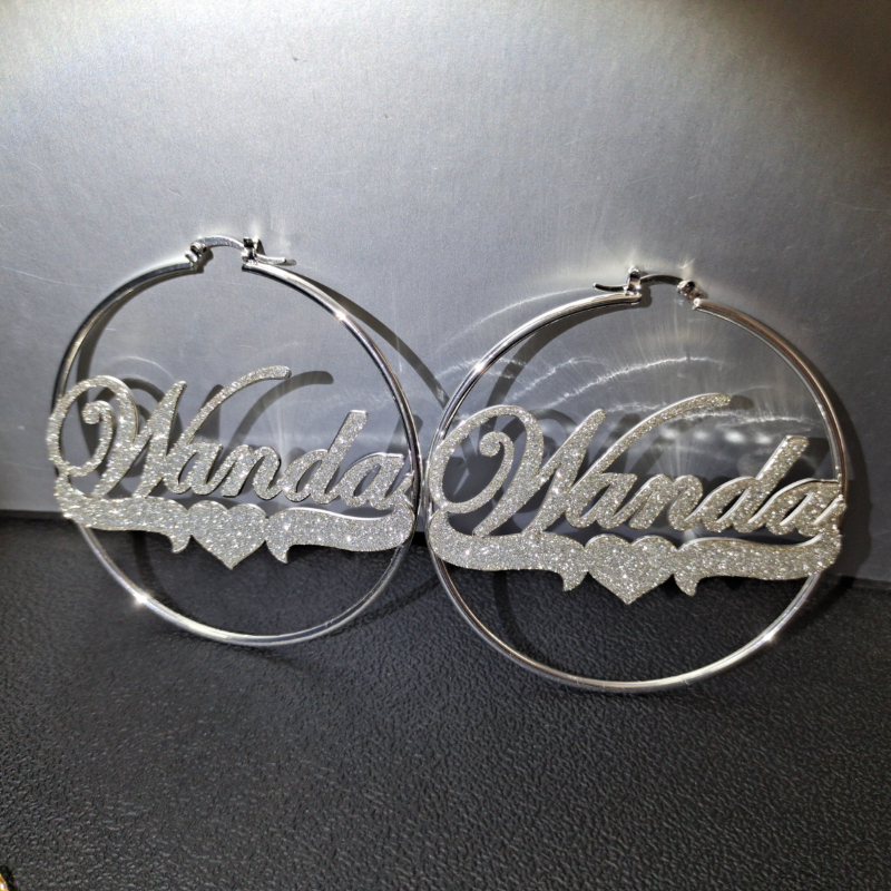 Bling Bling Hoop Earrings with Heart Personalized Gold Plated Name Earrings