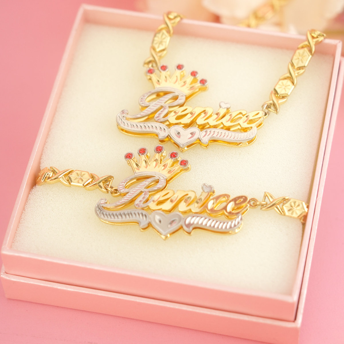 Ruby Crown and Heart Personalized XOXO Name Necklace Bracelet Set