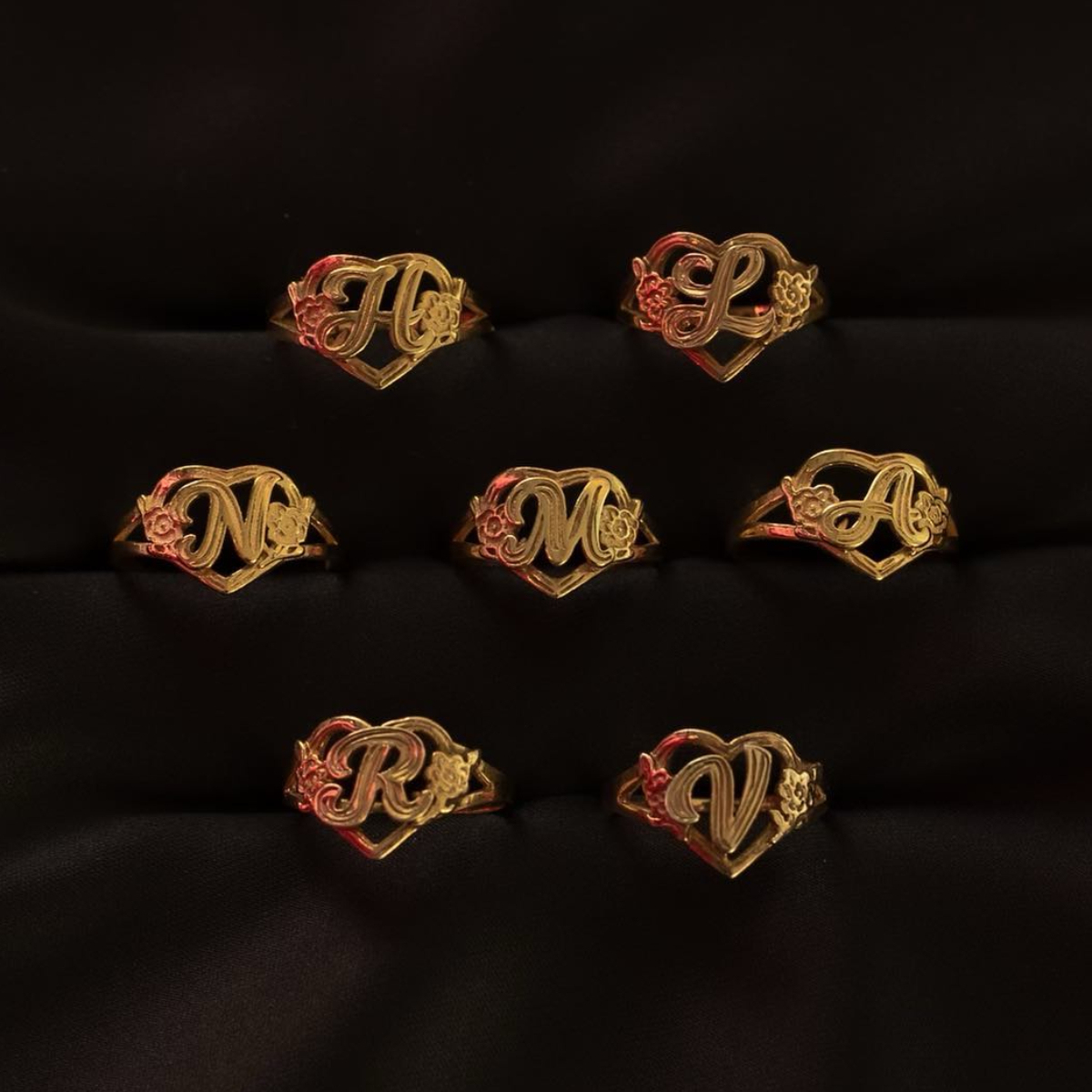 Personalized Flower Heart Initial Letter Ring Custom Ring