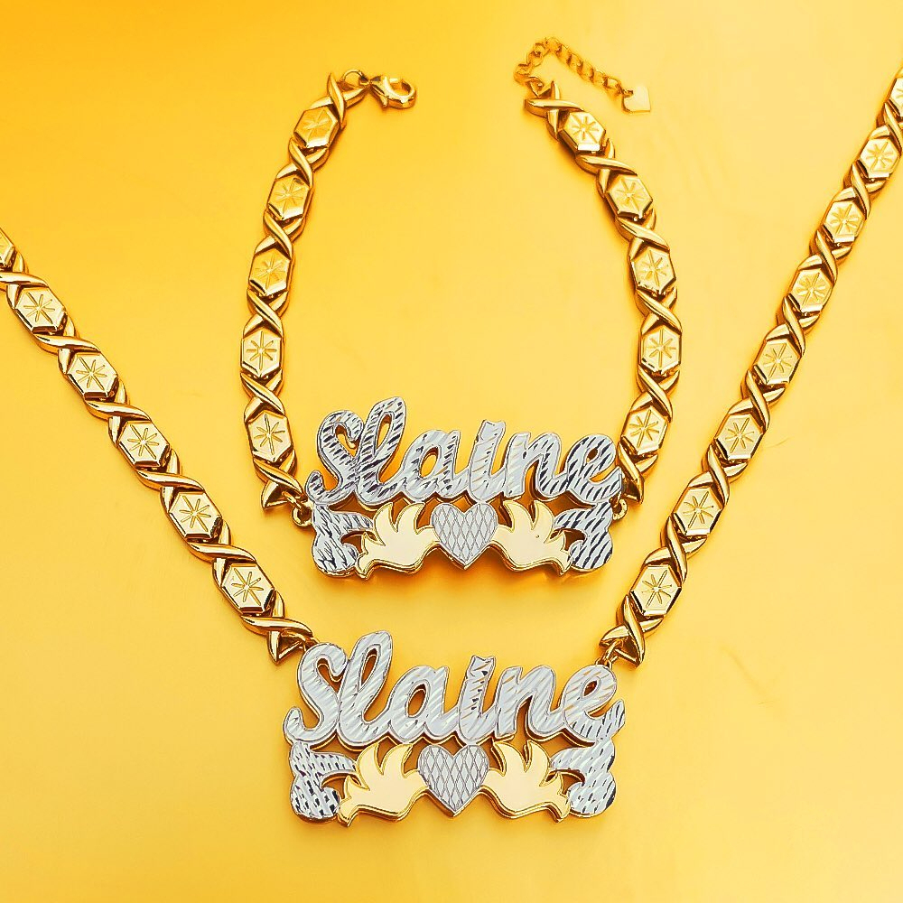 Double Layer Two Tone with Two Birds Gold Plated Personalized Custom XOXO Chain Name Necklace and Bracelet Set