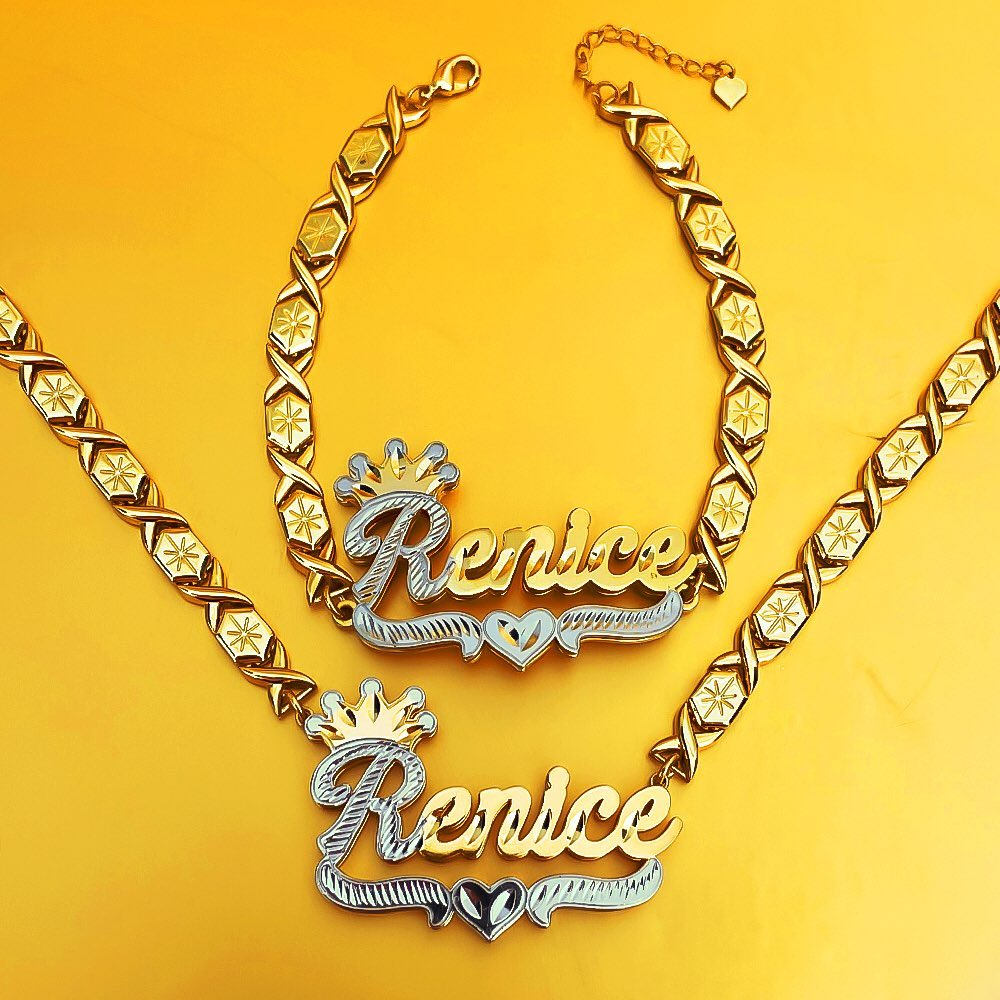Double Layer Two Tone Crown Heart with XOXO Chain Personalized Custom Gold Plated Name Necklace And Bracelet Set