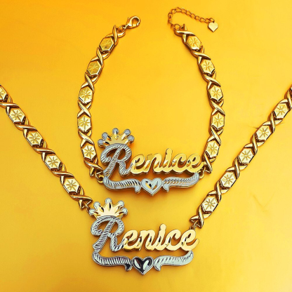 Double Layer Two Tone Crown Heart with XOXO Chain Personalized Custom Gold Plated Name Necklace And Bracelet Set