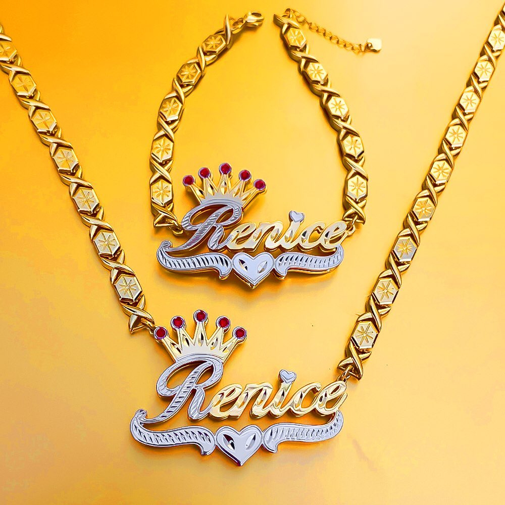 Ruby Crown and Heart Personalized XOXO Name Necklace Bracelet Set