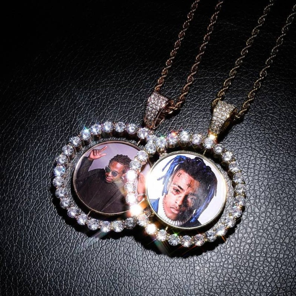Rotating Double-Sided Round Pendant Gold Plated Personalized Photo Necklace