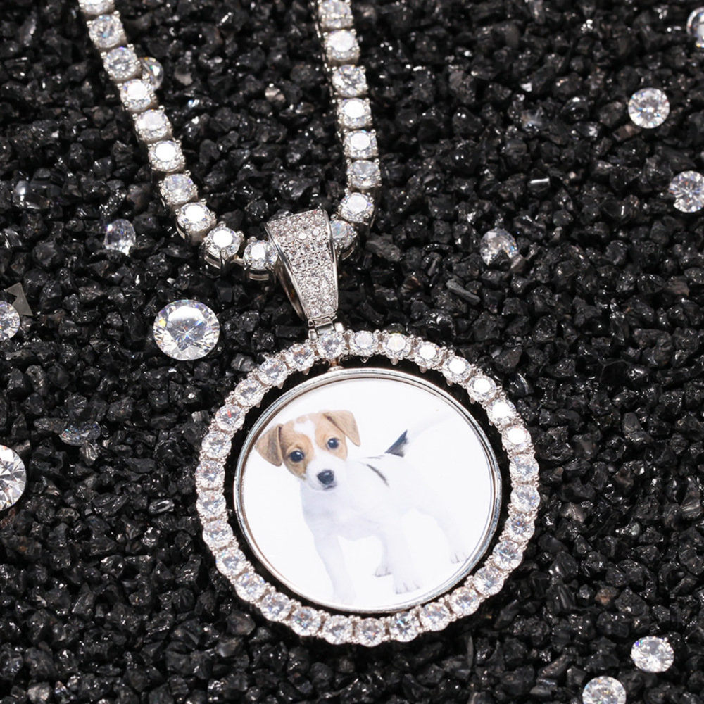 Tennis Chian Double Side Rotating Round Personalized Custom Photo Pendant Necklace