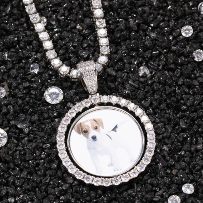 Tennis Chian Double Side Rotating Round Personalized Custom Photo Pendant Necklace