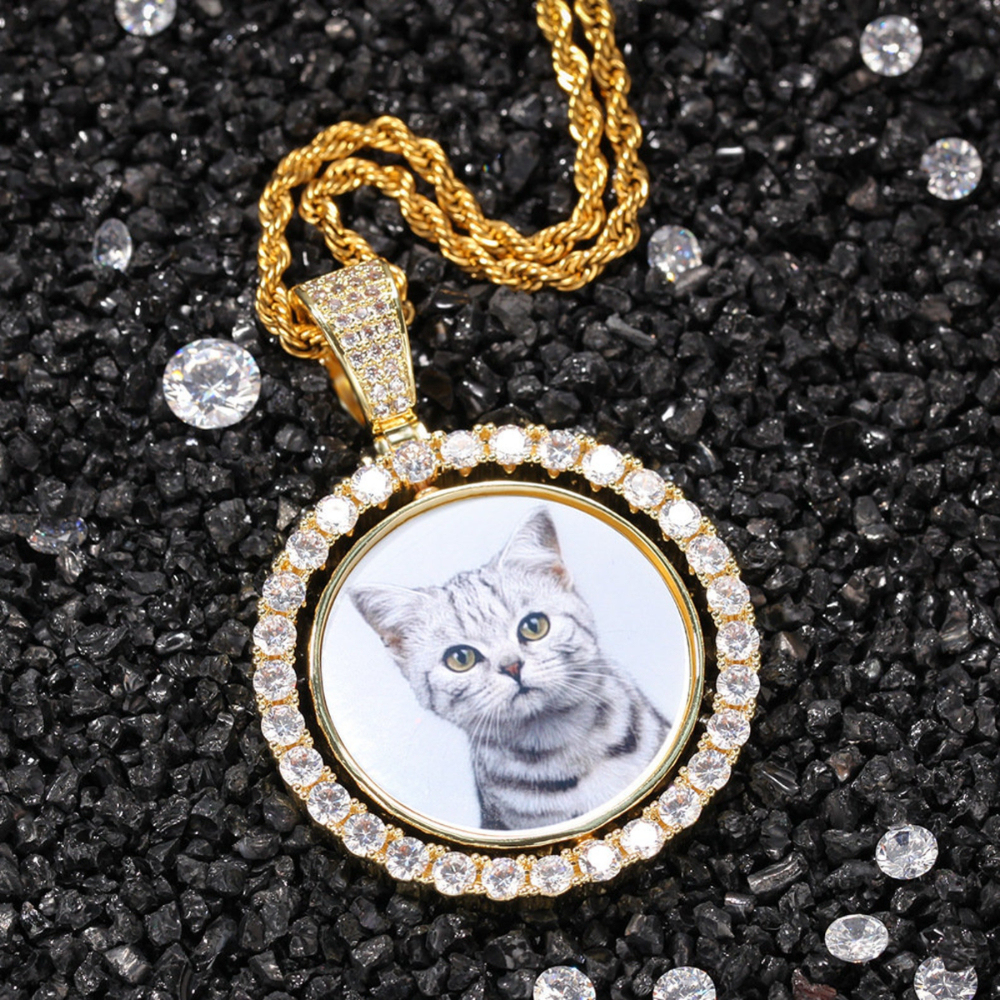 Rotating Double-Sided Round Pendant Gold Plated Personalized Photo Necklace