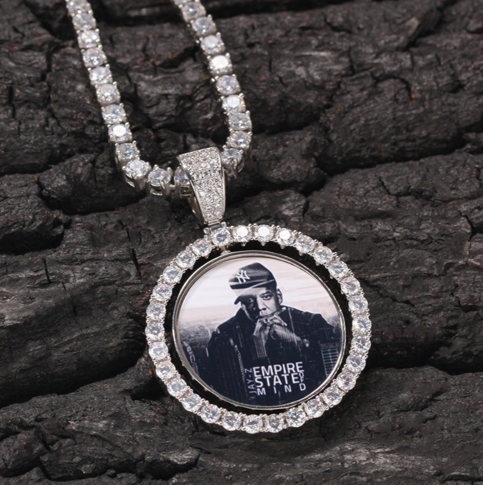 Tennis Chian Double Side Rotating Round Personalized Custom Photo Pendant Necklace