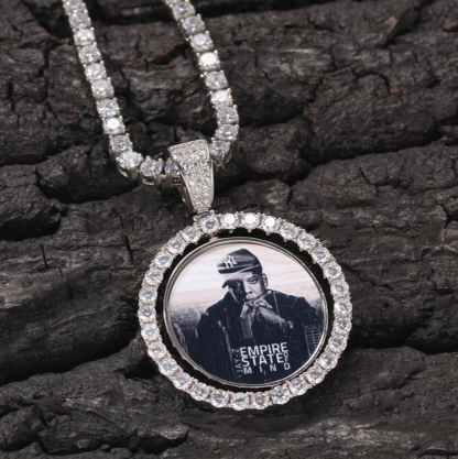 Tennis Chian Double Side Rotating Round Personalized Custom Photo Pendant Necklace