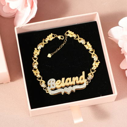 Double Layer Two Tone with Teddy Bear Heart XOXO Chain Personalized Custom Gold Plated Name Bracelet