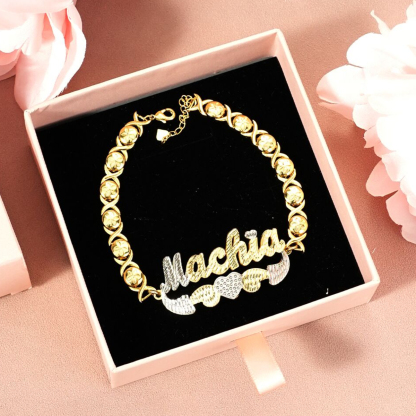 Double Layer Two Tone XOXO Chain with Heart Personalized Custom Gold Plated Name Bracelet