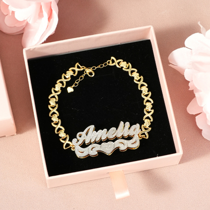 Double Layer Two Tone Nameplate XOXO Heart Chain Personalized Custom Gold Plated Name Bracelet