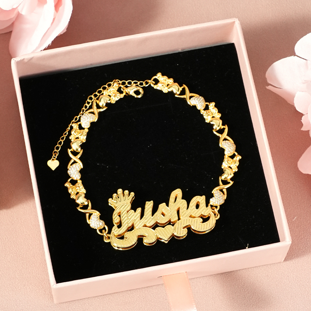 Teddy XOXO Chain Double Layer Crown Heart Personalized Custom Gold Plated Name Bracelet