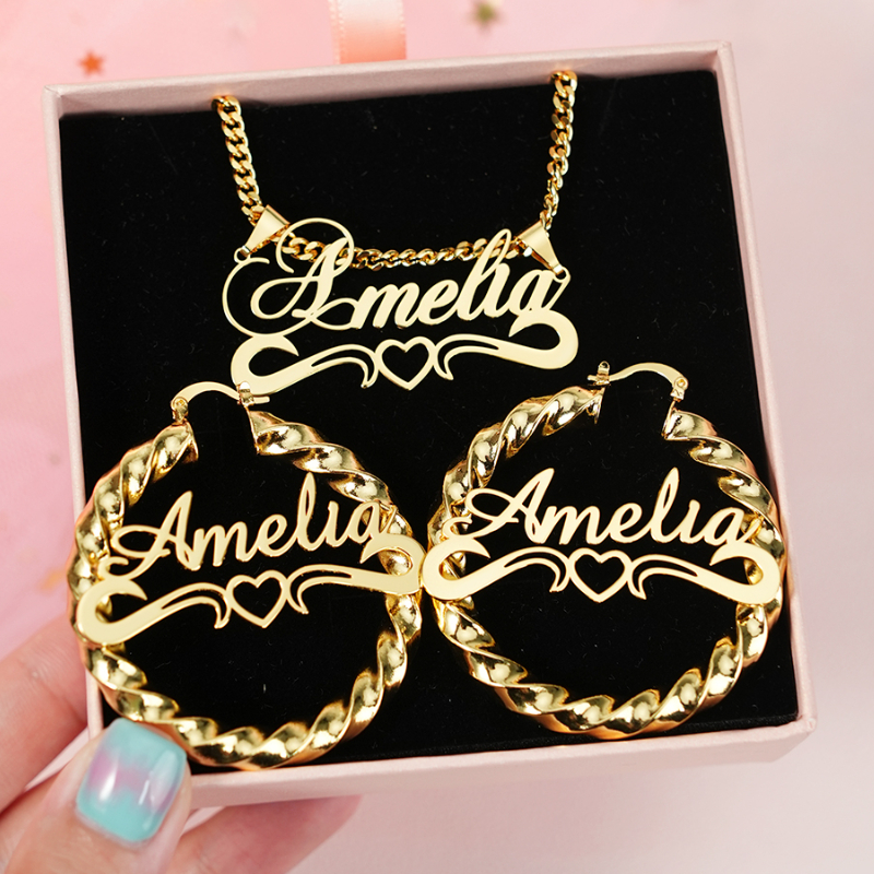 Personalized Heart Name Necklace and Twist Hoop Name Earrings Jewelry Set