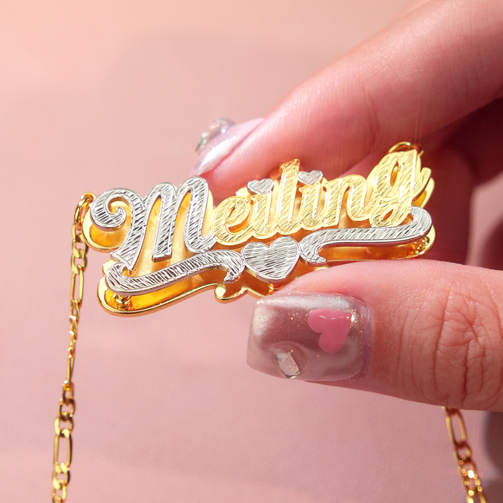Two Tone Double Layer Gold Plated Personalized Custom Heart Nameplate Necklace