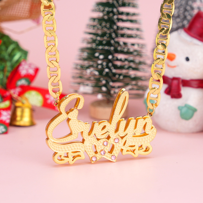 Double Layer Two Heart with Pink Zircon Personalized Custom 3D Name Necklace