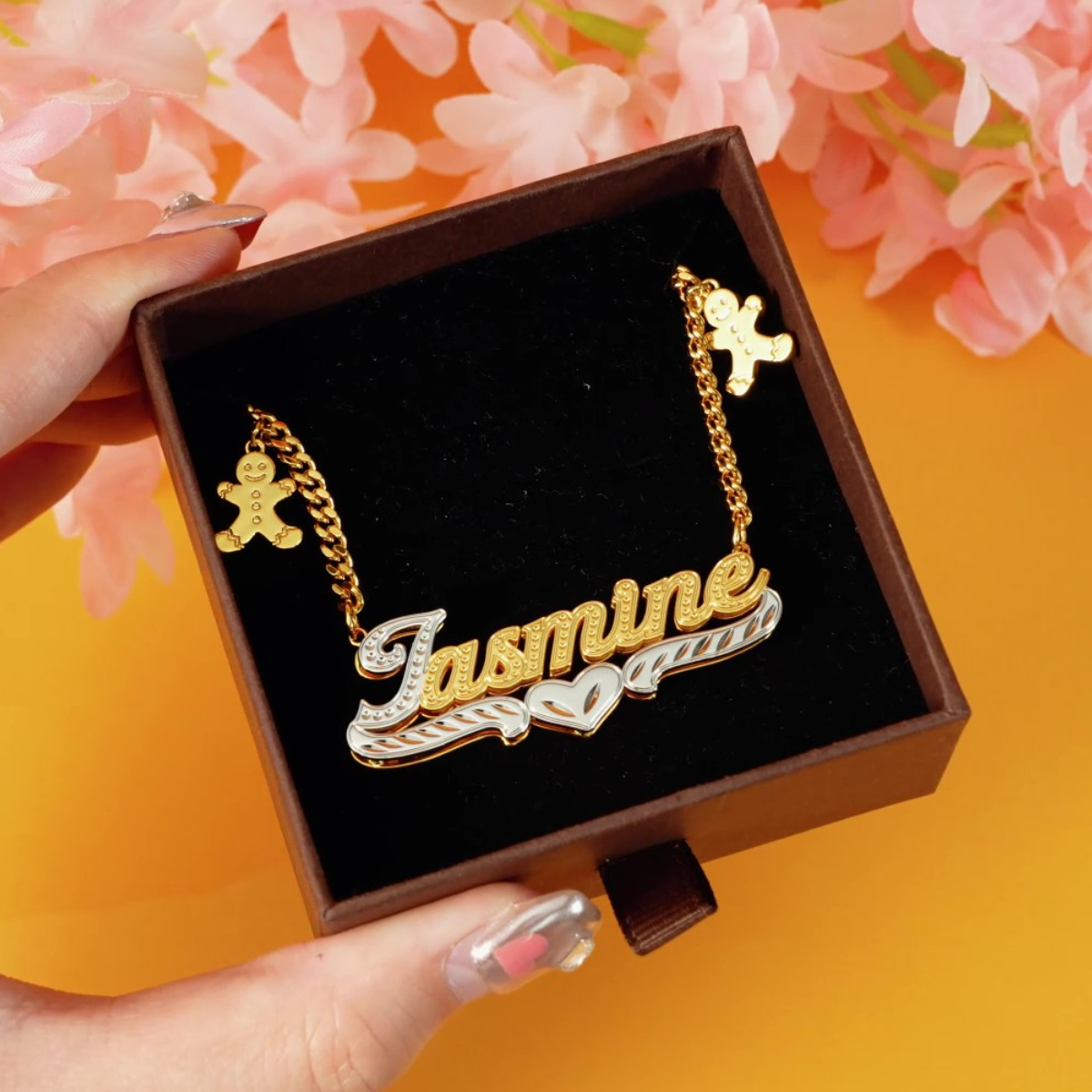 Double Plate Personalized Cuban Chain with Gingerbread Man Name Necklace