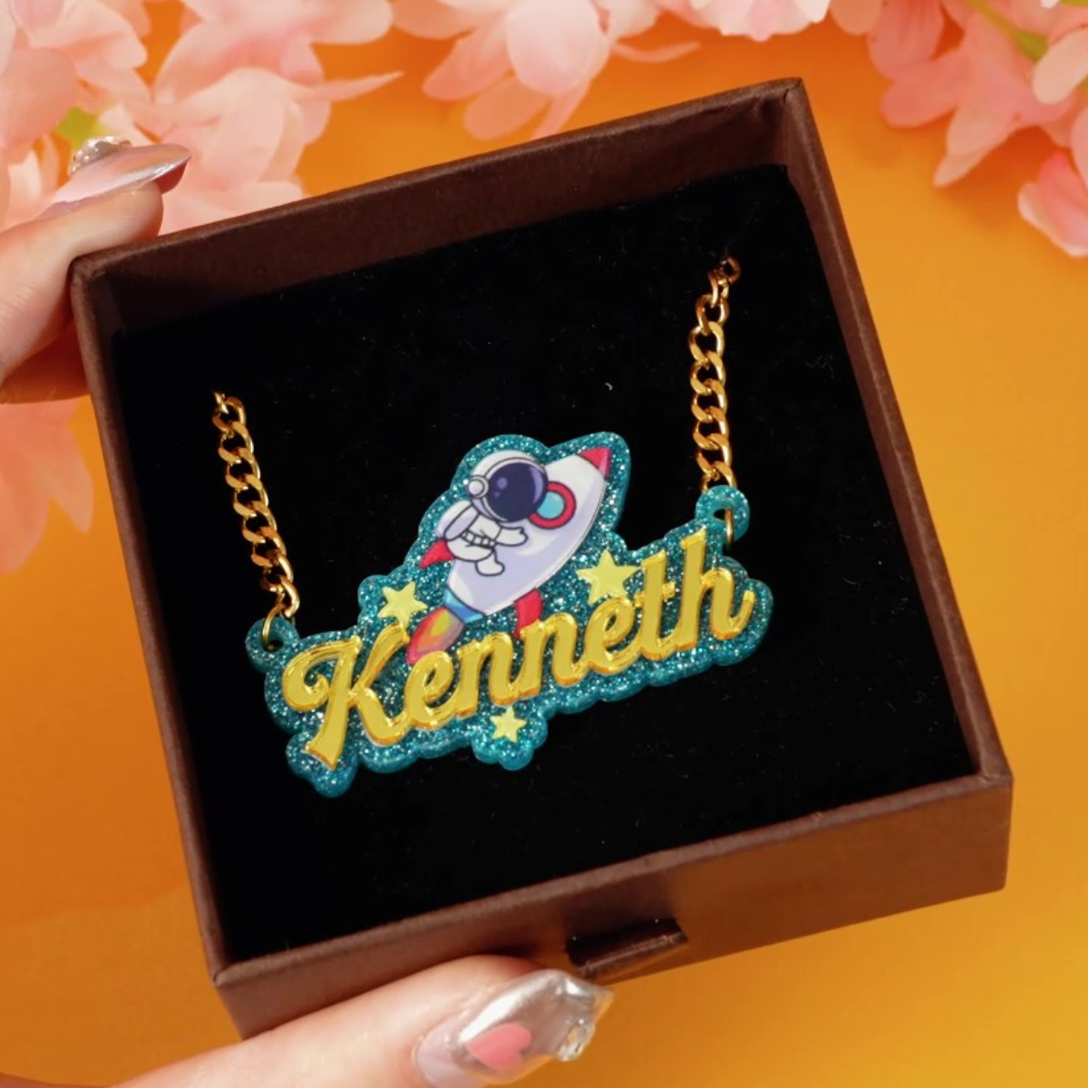 Acrylic Astronaut Rocket Pendant Personalized Name Necklace