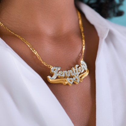Two Tone Gold Plated Personalized Hollow Heart Double Plate 3D Name Necklace