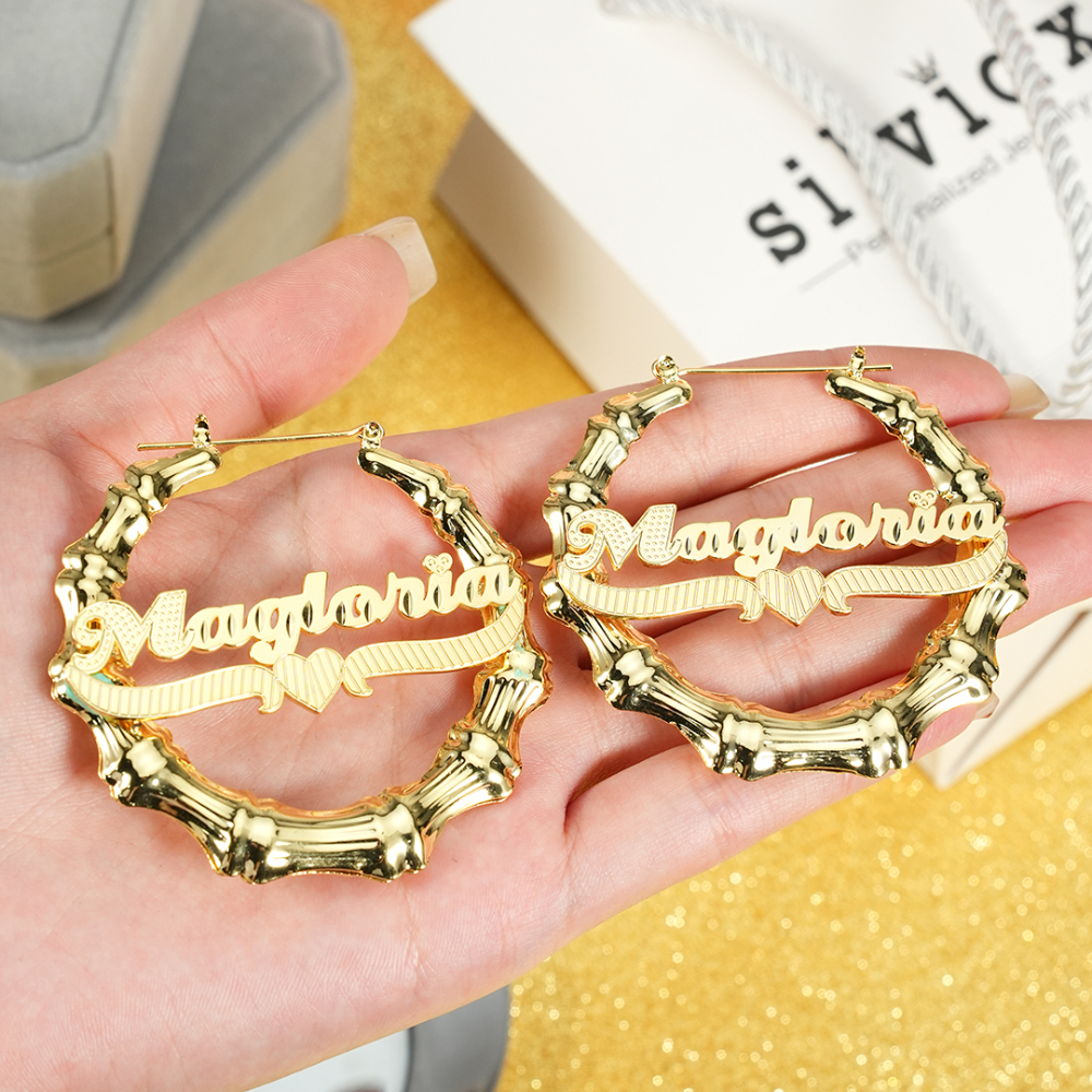 Heart Underline Nameplate Personalized Custom Gold Plated Bamboo Name Earrings