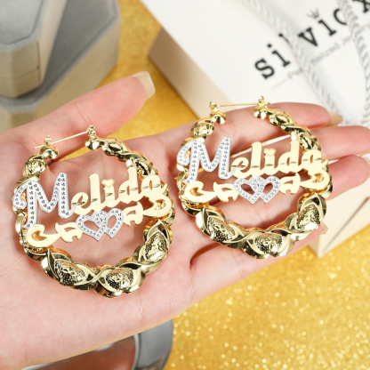 Personalized Custom Two Tone Two Heart Nameplate XOXO Bamboo Earrings Woman Gifts