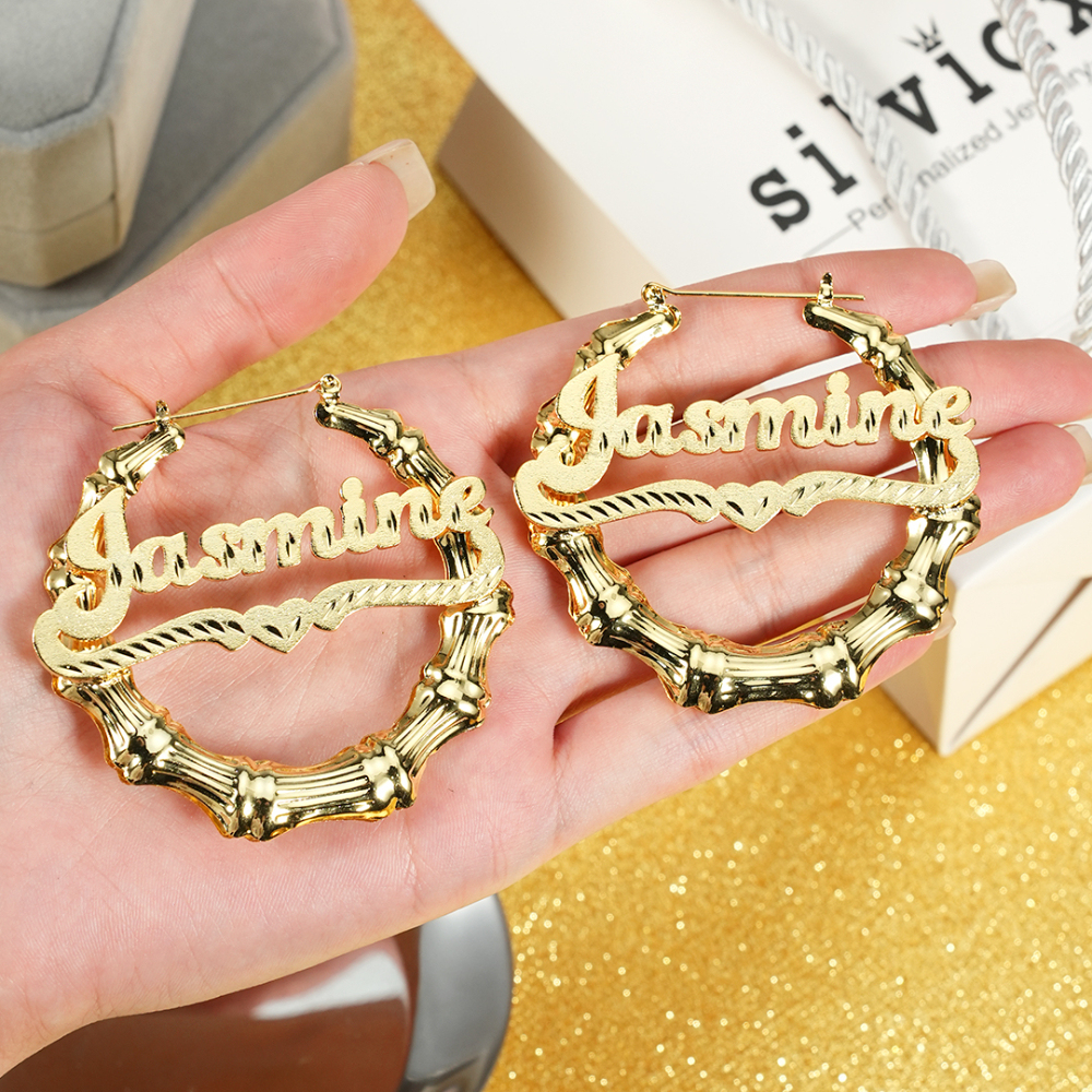 Personalized Diamond Cut Name Necklace with Heart And Nameplate Bamboo Earrings Set
