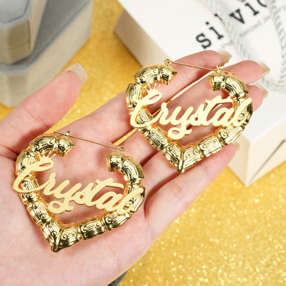 Heart Bamboo Hoop Crown Nameplated Personalized Custom Gold Plated Name Earrings