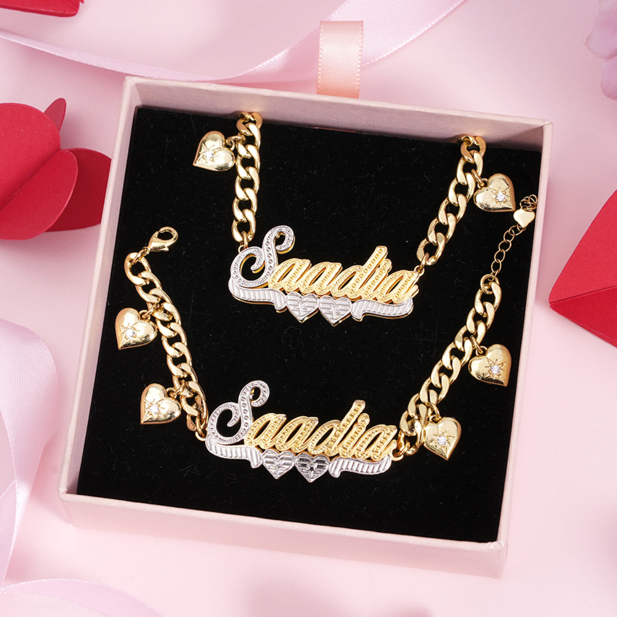 Double Layer Two Tone Two Hearts Nameplate Cuban Chain With Heart Personalized Custom Gold Plated Name Necklace And Bracelet Set