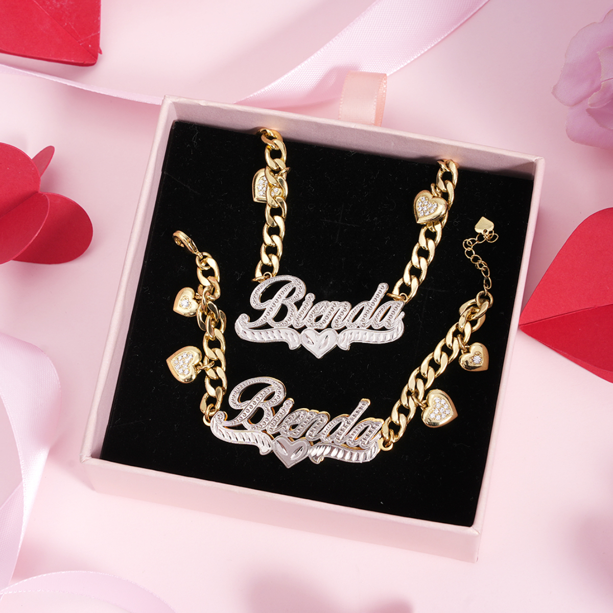 Double Layer Two Tone Heart Nameplate Cuban Chain With Heart Personalized Name Necklace And Bracelet Set