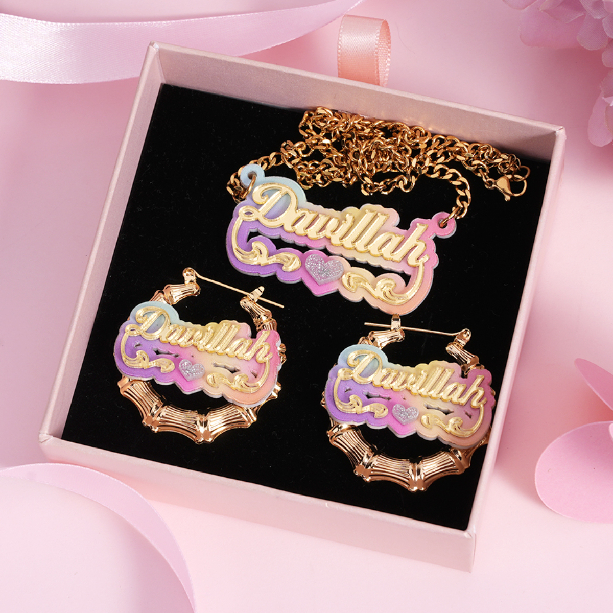Personalized Colorful Heart Acrylic Jewelry Set Custom Name Necklace Bamboo Earrings