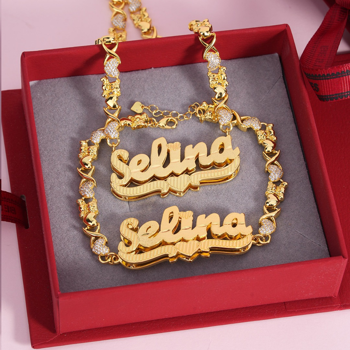 Teddy XOXO Chain Double Layer Heart Personalized Custom Gold Plated Name Necklace and Bracelet Set