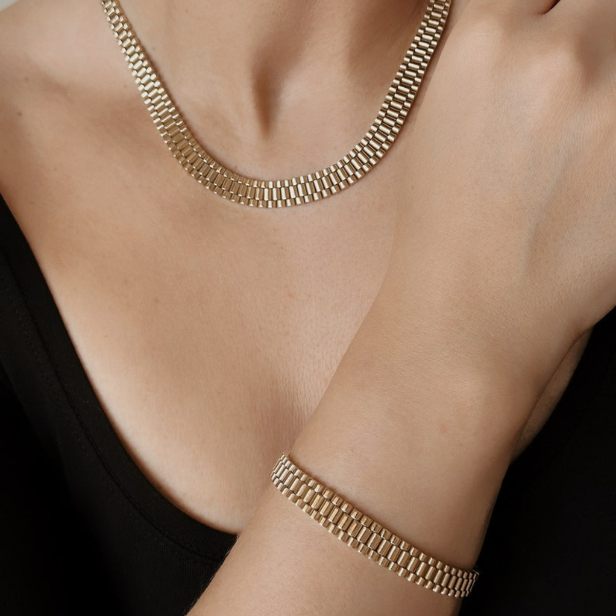 Watch Link Chain Set Rolex Style Necklace and Bracelet 13mm Width