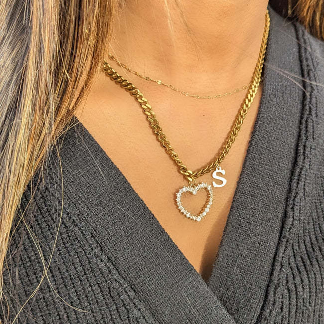Cuban Chain Heart Pendant Custom Initial Necklace