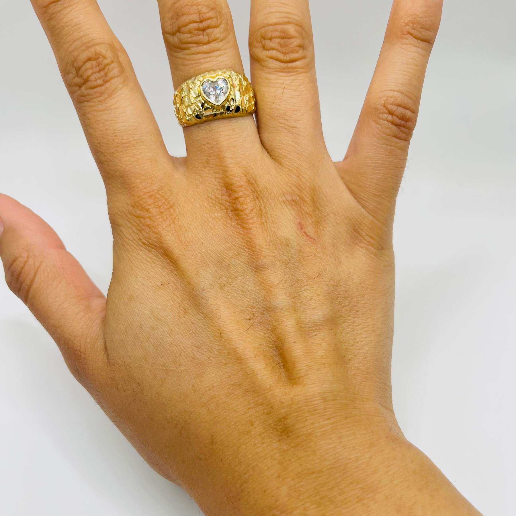 Gold Nugget Cz Heart Ring