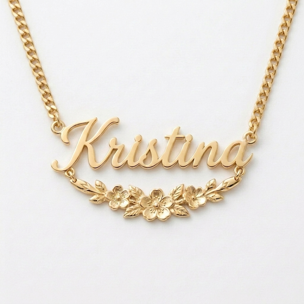 Personalized Sweet Cherry Blossoms Nameplate Necklace