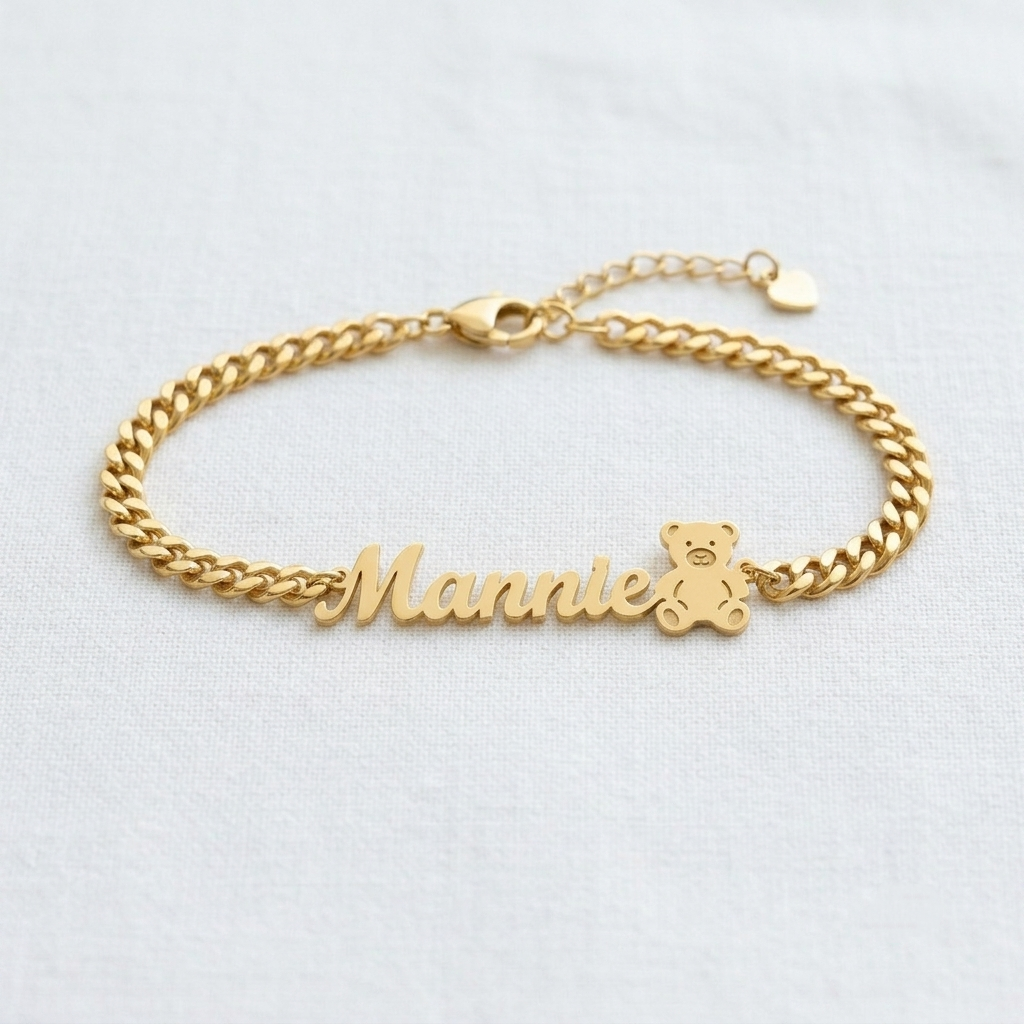 Personalized Cute Teddy Bear Name Bracelet Curb Chain