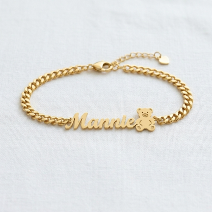 Personalized Cute Teddy Bear Name Bracelet Curb Chain
