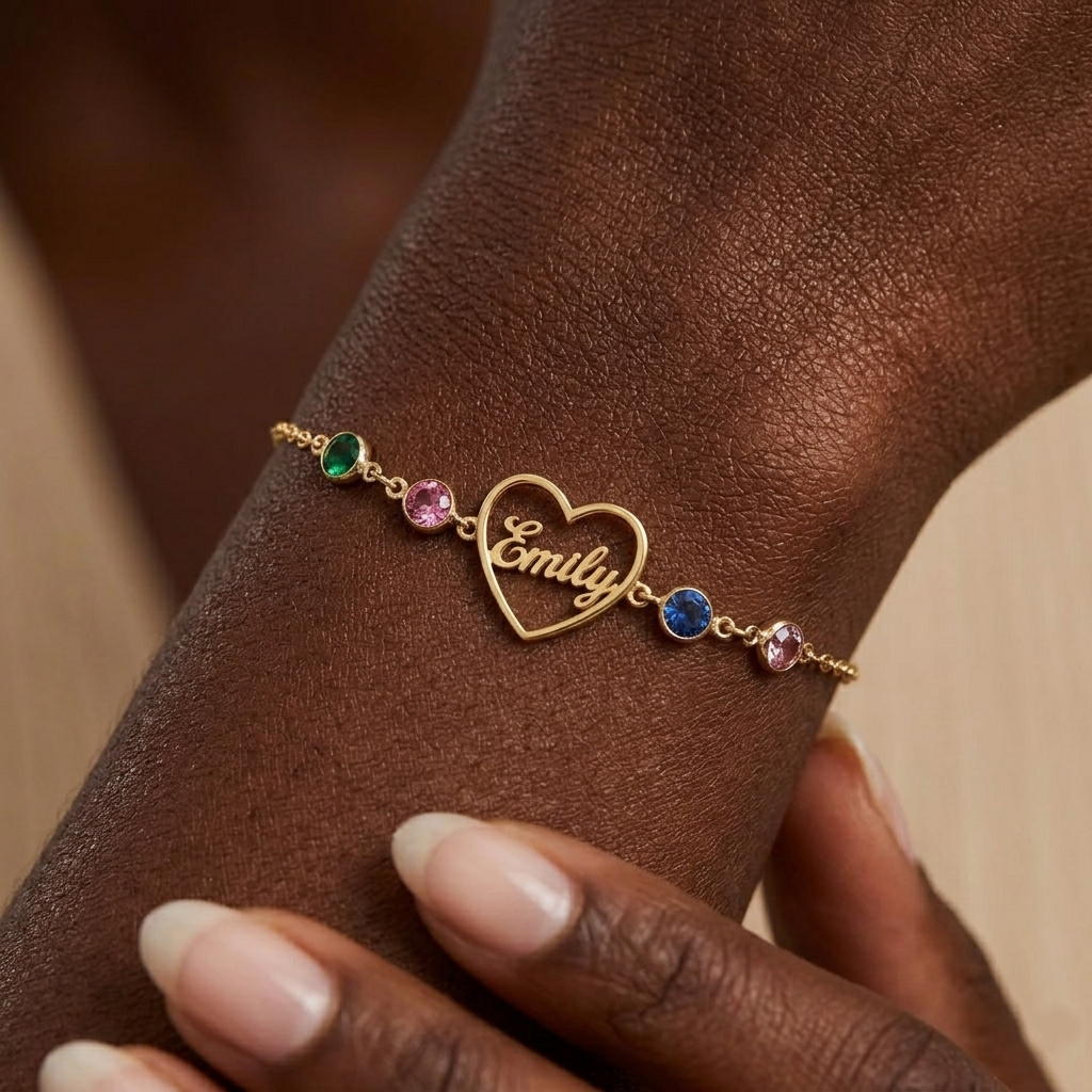 Personalized Heart Name Bracelet with Four Birthstones